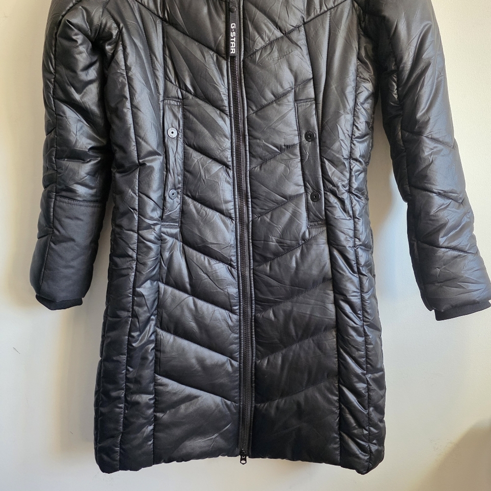 G-Star RAW Alaska HDD Long Puffer Jacket Women’s Size Small Black Hooded Coat - Picture 5 of 15
